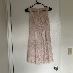 Lauren Conrad nude with white lace scoop neck dress